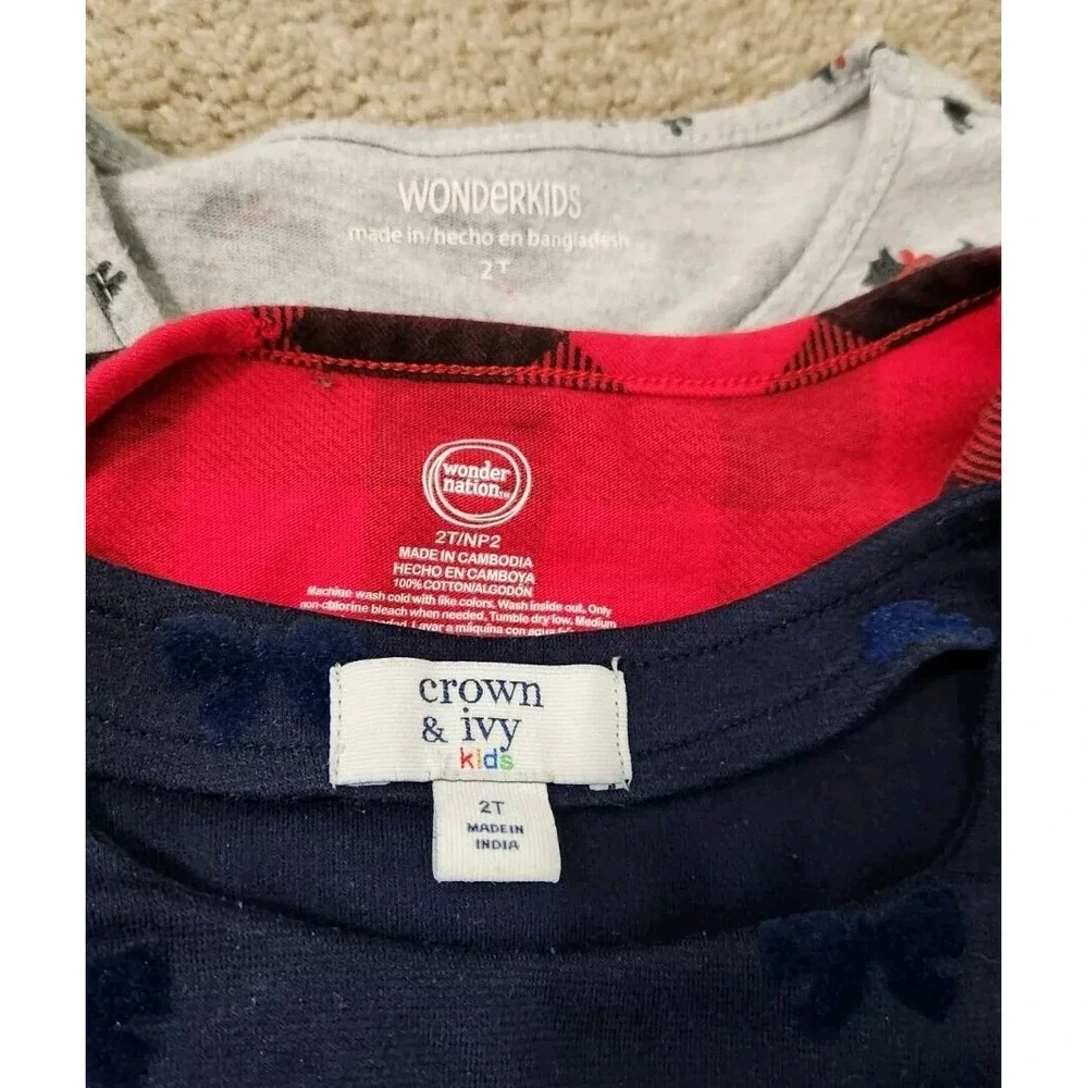 3 Christmas Holiday Dresses Sz 2T (Crown & Ivy / Wonderkids) Red, Navy Blue, Dog
